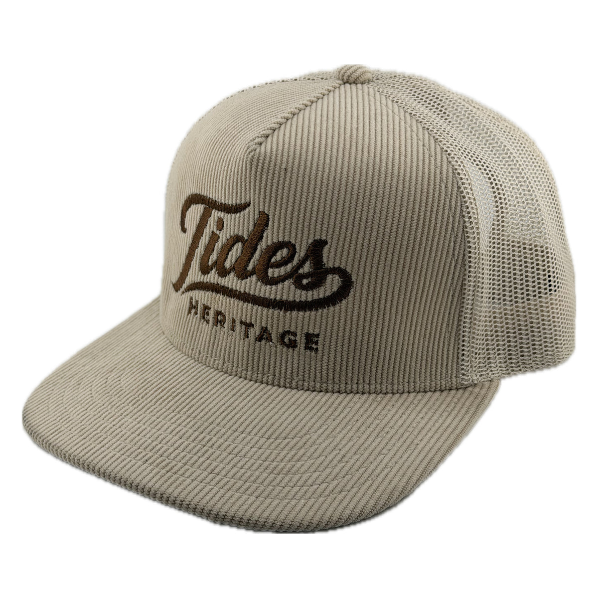 A beige corduroy trucker hat with a dark brown embroidered 'Tides Heritage' logo on the front, set against a plain white background. Tides Heritage Hat 
